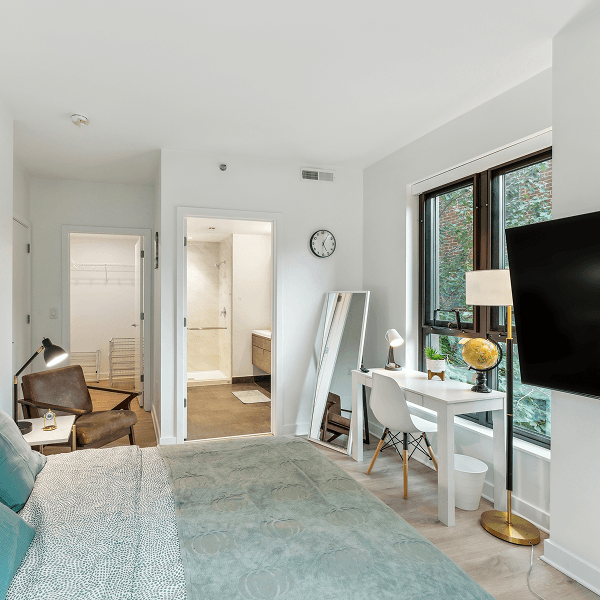 Modern bedroom with workspace